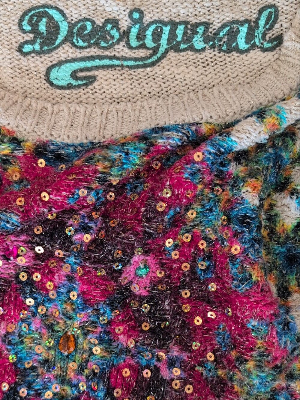 Vintage Desigual Mandala Sequin Knit Pullover Sweater Boho Chic XLARGE - Picture 2 of 10